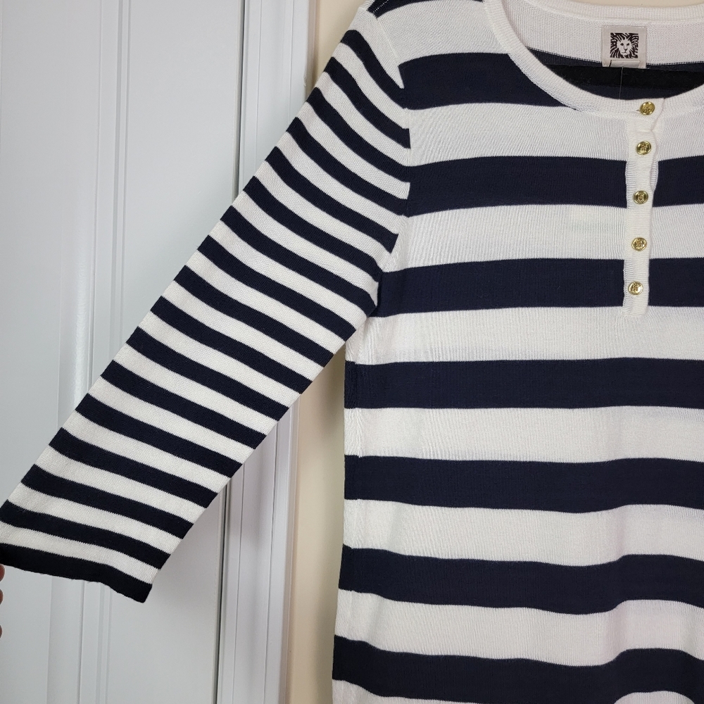 Anne Klein White Navy Striped 3/4 sleeve Top Sz Large - Picture 3 of 10